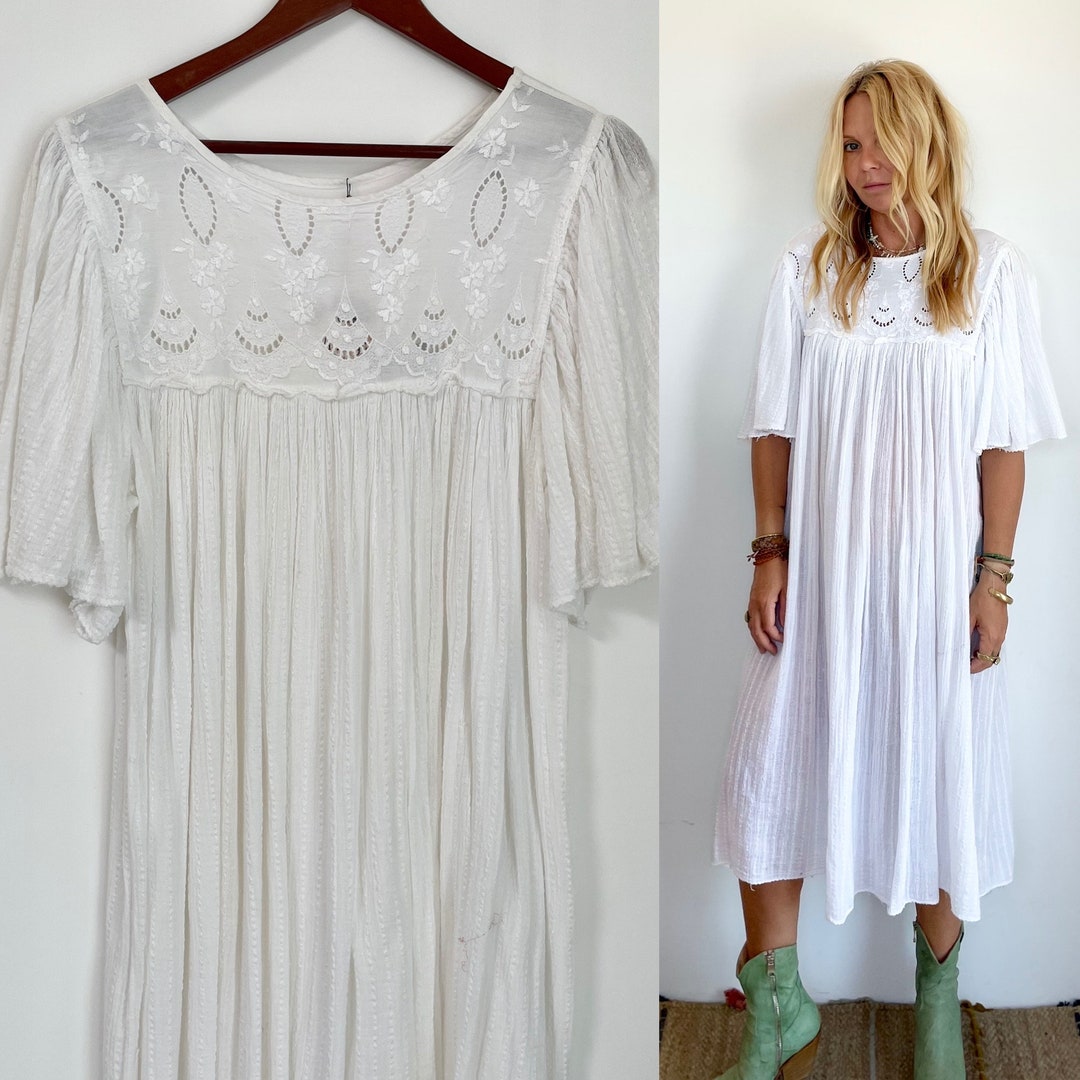 Vintage White Cotton Gauze Dress Beach Wedding Dress BOHO Etsy