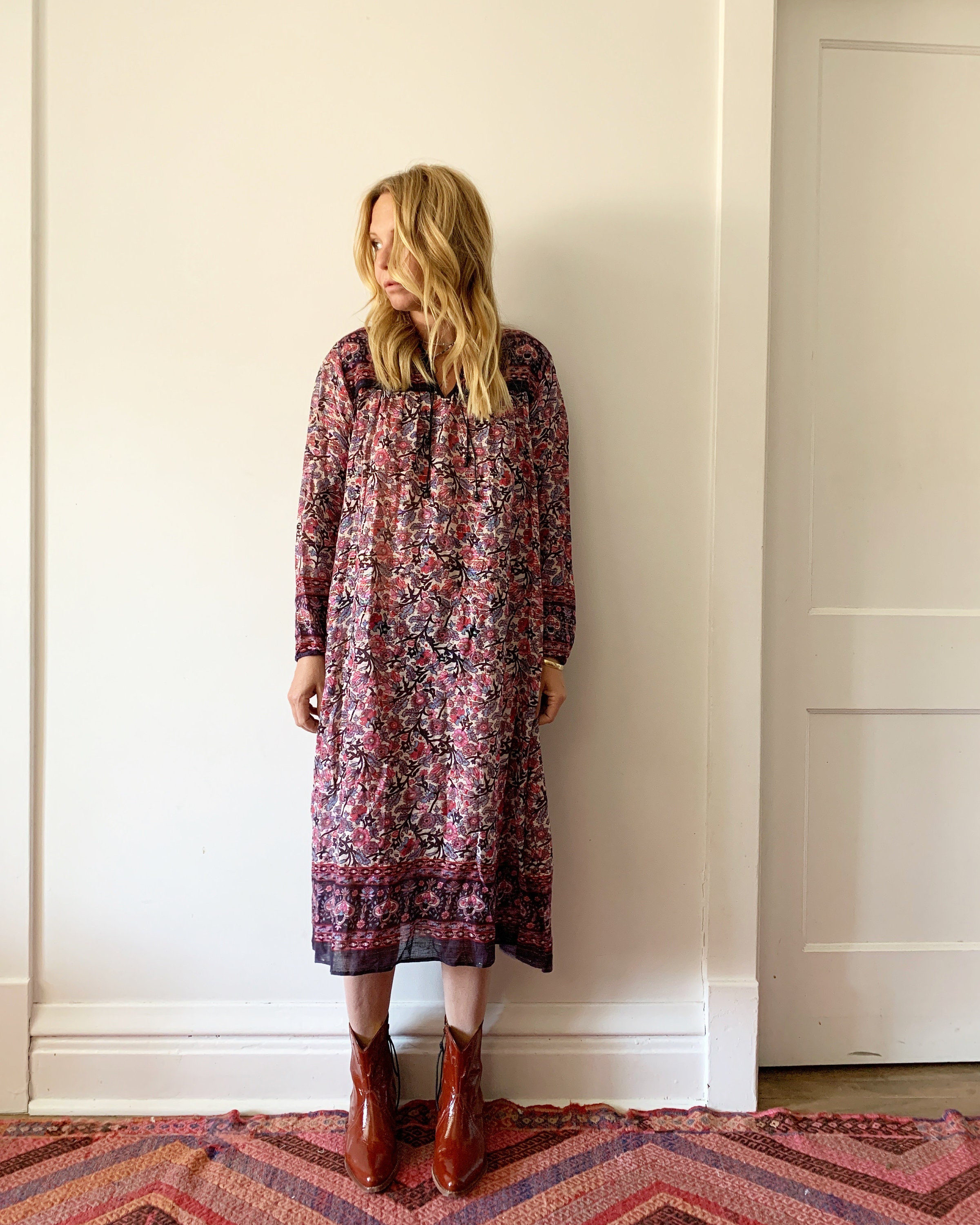 Vintage India Cotton Gauze Dress , Indian Cotton Kaftan , Lurex Gauze Maxi Dress