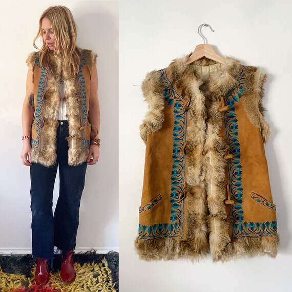 Vintage 70s Embroidered Ethnic Fur Vest , Suede Em