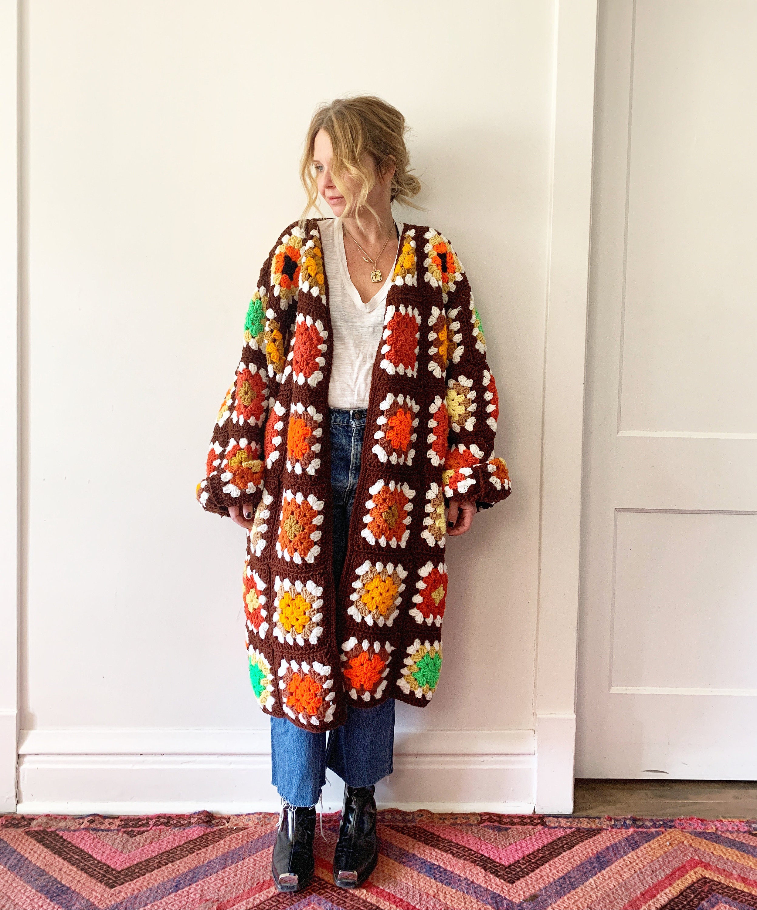 Vintage Afghan Crochet Cardigan , Granny Square Oversize Hippie Sweater