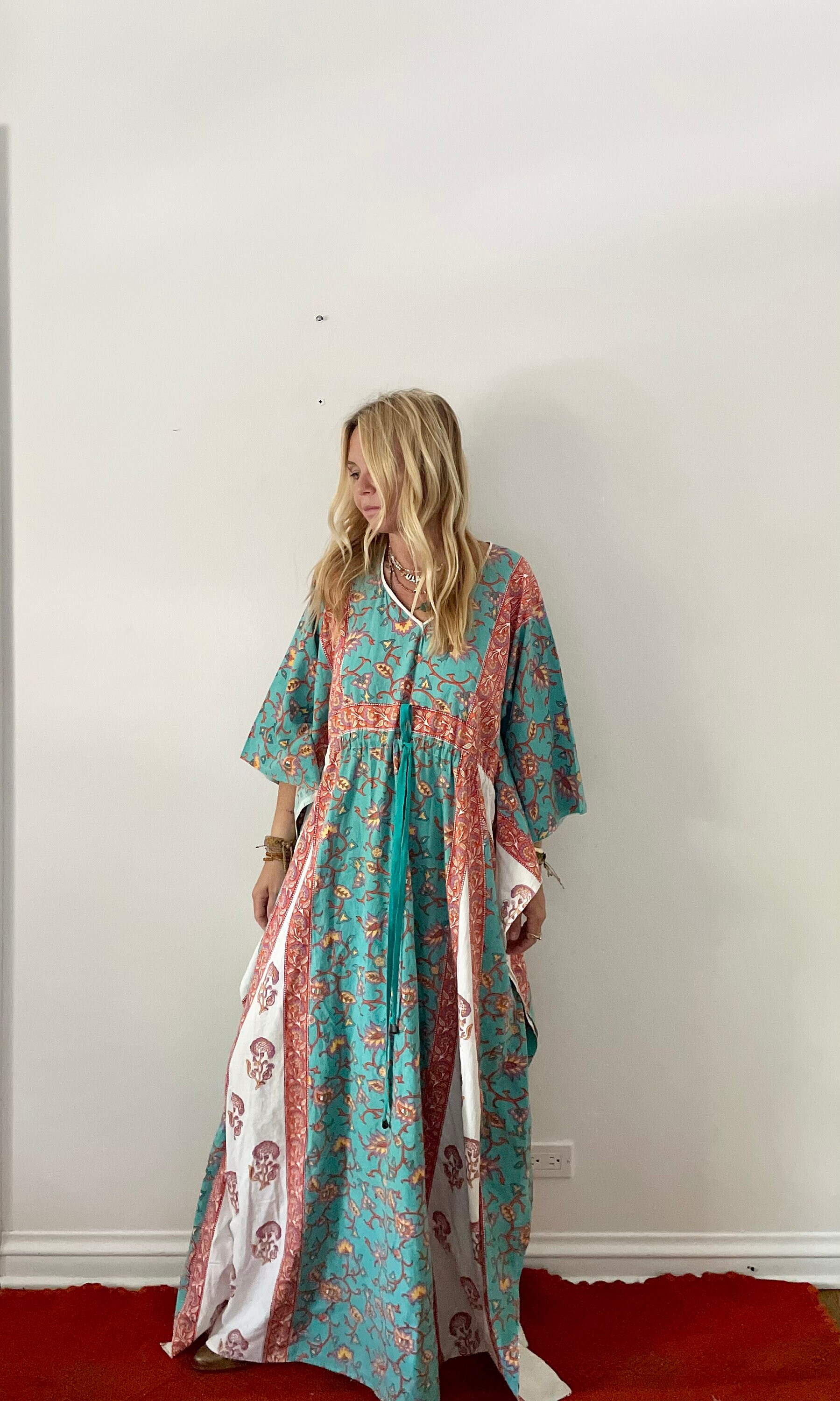 Vintage 70s Block Print Caftan , Block Print Kaftan , Wood