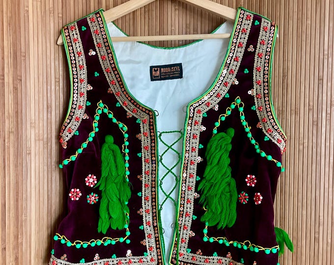 Vintage Polish Velvet Folk Vest – Embroidered Beaded Tassel Bohemian Waistcoat