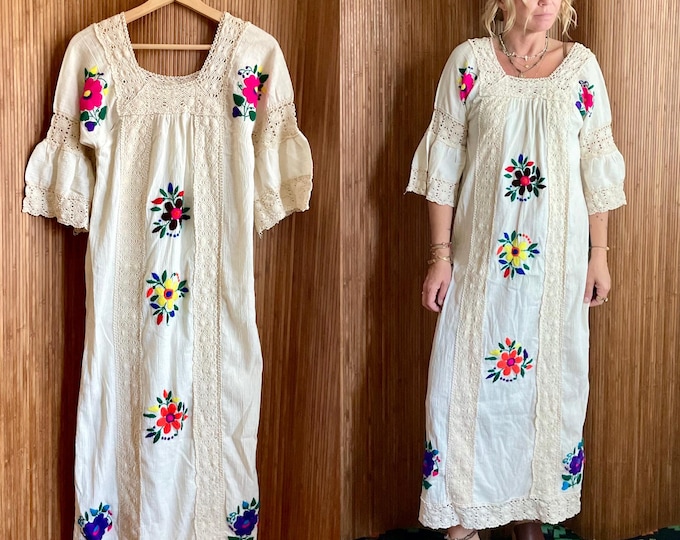 Vintage Mexican Hand Embroidered Cotton Gauze Dress - Crochet Lace Maxi