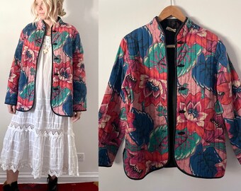 Vintage Peony Print  Quilted Jacket , Floral Padded Jacket