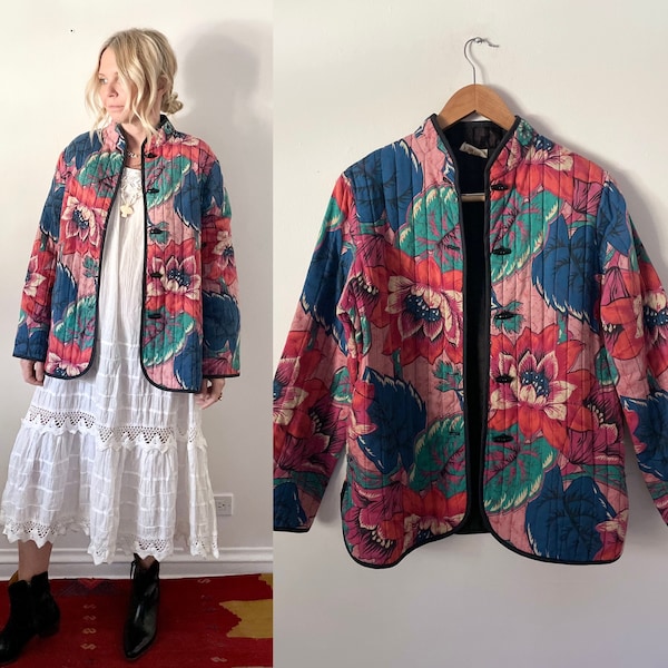 Vintage Peony Print  Quilted Jacket , Floral Padded Jacket