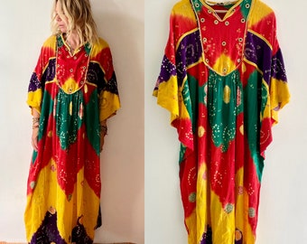 Vintage RARE Juidth Ann for  Neiman Marcus Kaftan , Mirrored Embroidered Kaftan , Tie Dyed India Maxi Kaftan