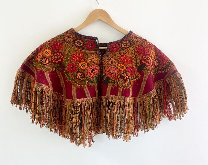 Vintage Fringed Huipil Top, Ethnic Embroidered Poncho , Fringed Collar , Statement Piece , Guatemalan Hand Loomed Hand embroidered Collar