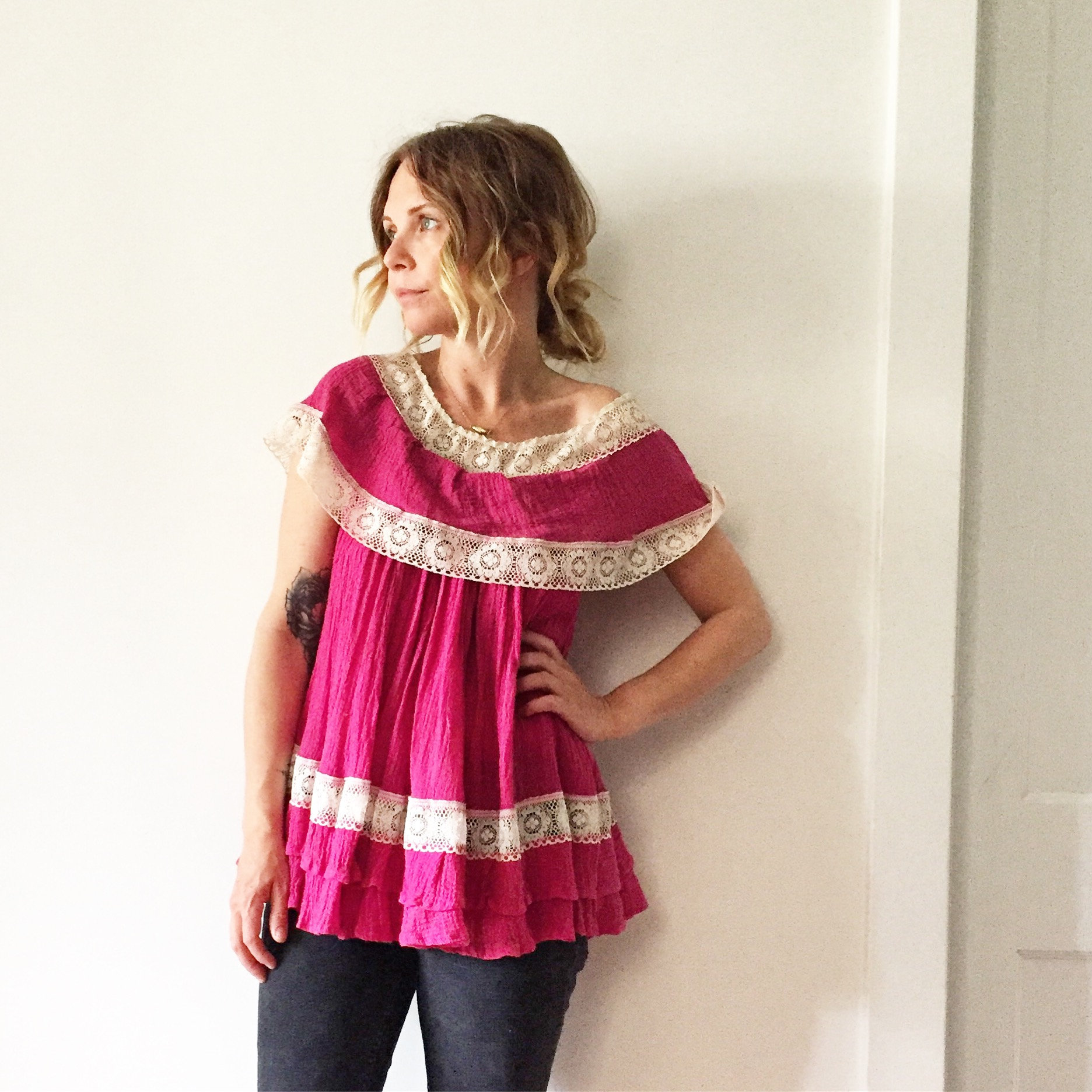 Vintage Mexican Cotton Gauze Summer Top , Off Shoulder BOHO Blouse