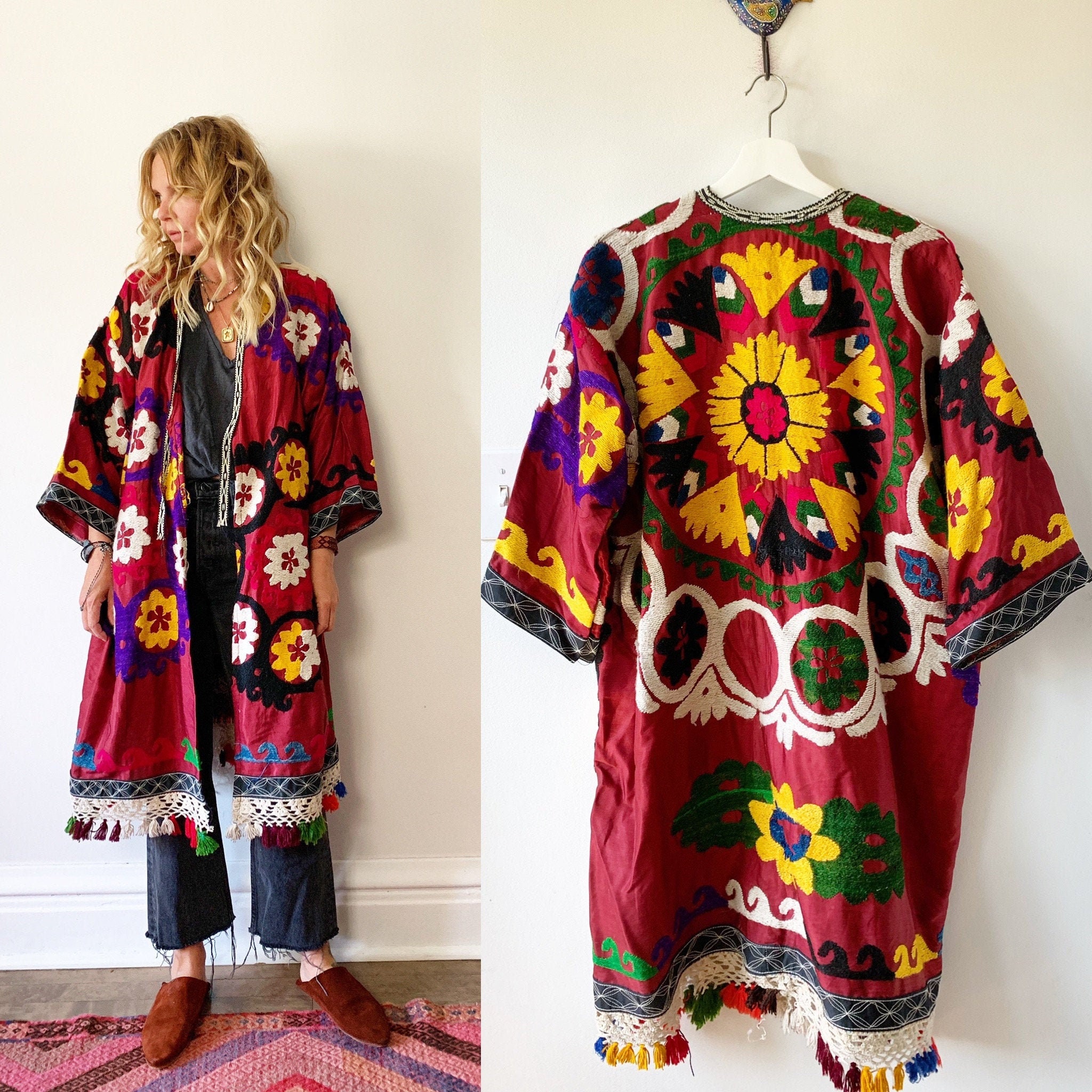 Vintage Embroidered Coat, Uzbek Tribal Coat , Embroidered Kimono Coat