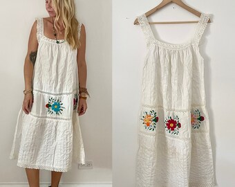 Vintage Hand Embroidered Mexican Sundress , Strappy Embroidered Sundress , White Summer Dress , Bohemian Sundress