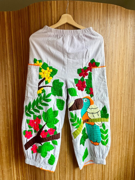 Vintage Hand Embroidered Tropical Pants: Ethnic Woven Resort Wear