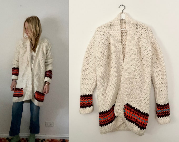 Vintage Afghan Crochet Cardigan, Cream Crochet Cardigan , Chunky Sweater