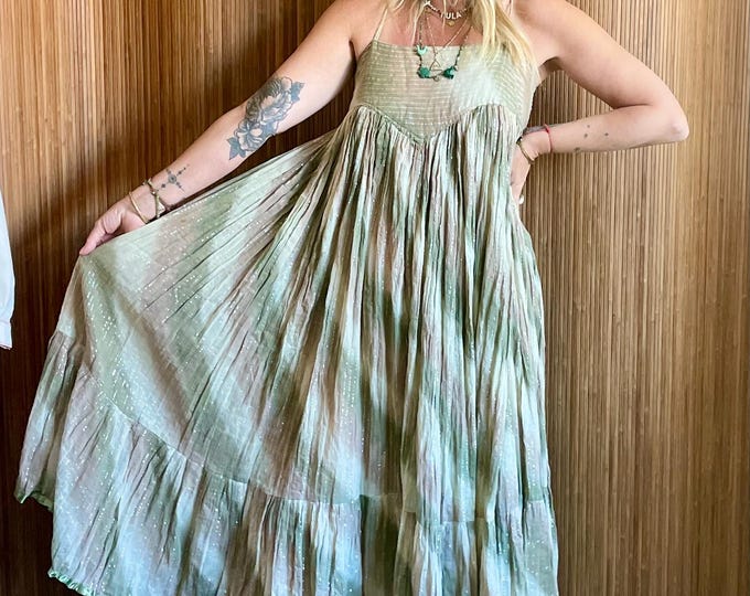 Vintage Adini Indian Cotton Gauze Dress: Silver Lurex Tie-Dye Boho Sundress