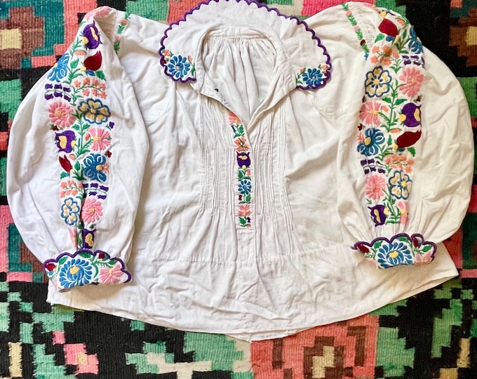 Antique Romanian Embroidered Blouse- Handmade BOHO Folk Floral Peasant Shirt