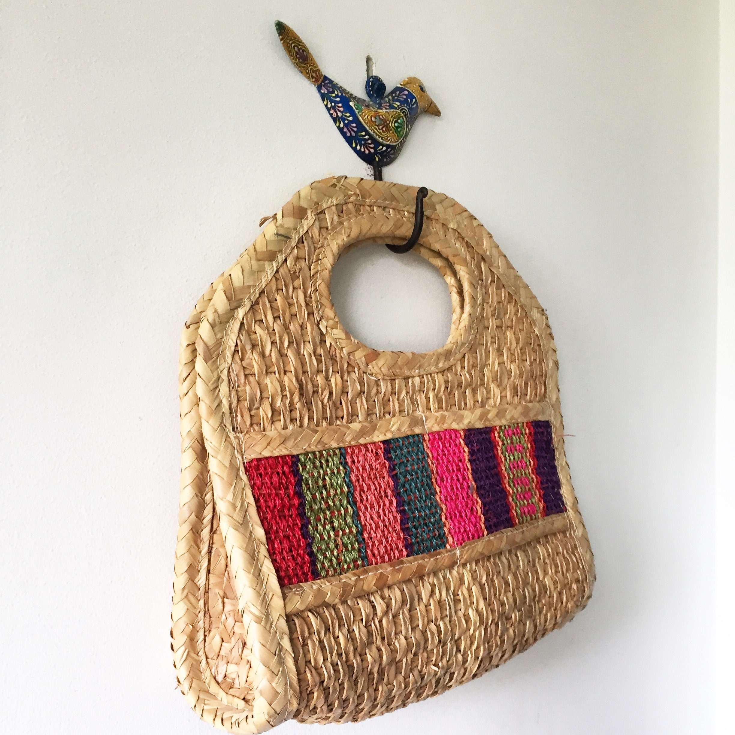 Vintage Mexican Straw Handbag , Straw Summer Bag