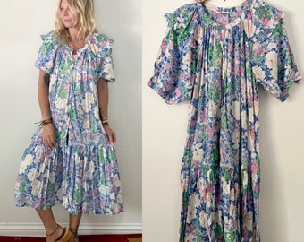 SOLD Please do not buy  Rare Phool Ruffled Pastel Indian Cotton  Dress , Tropical Print Midid Dress , Button Down Dress , Vintage Phool