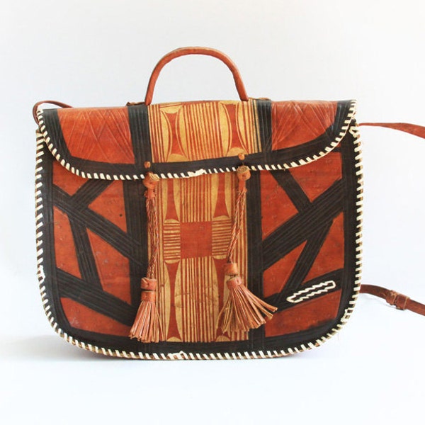 Vintage African, Tribal  Hand Carved Leather Cross Body Bag