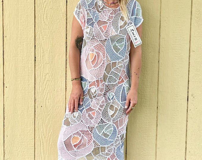 Vintage Crochet Midi Dress , Deadstock Cotton Crochet Dress , White Pink  Crochet Midi Dress , Floral Crochet Dress , Lims Crochet Dress