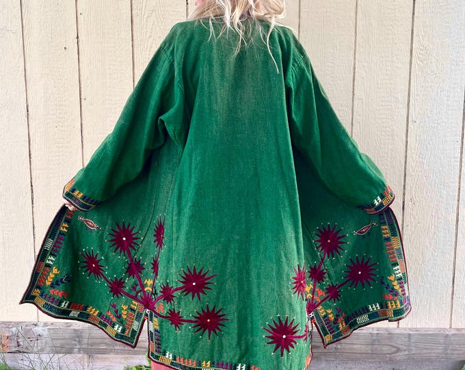 Antique Embroidered Ottoman Wool Coat  , Ethnic Bohemian Tribal Coat , Green Turkmen Ceremonial Coat, Collectors Vintage