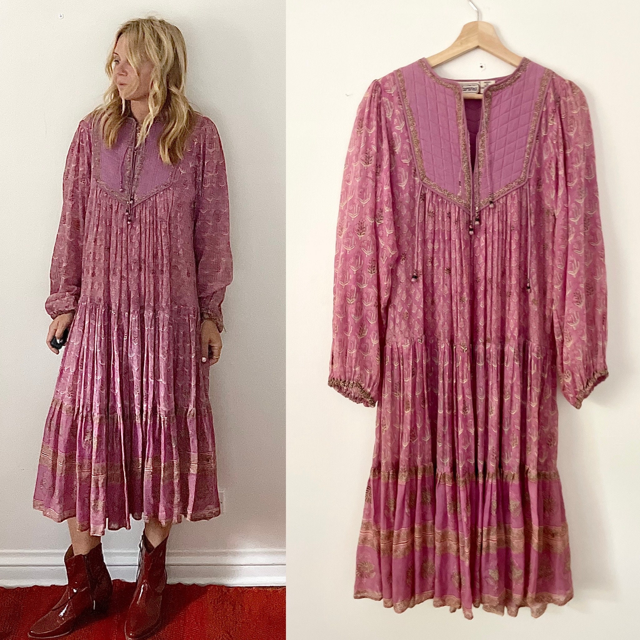 Vintage Starina Block Print Cotton Dress , Crochet Cotton Dress