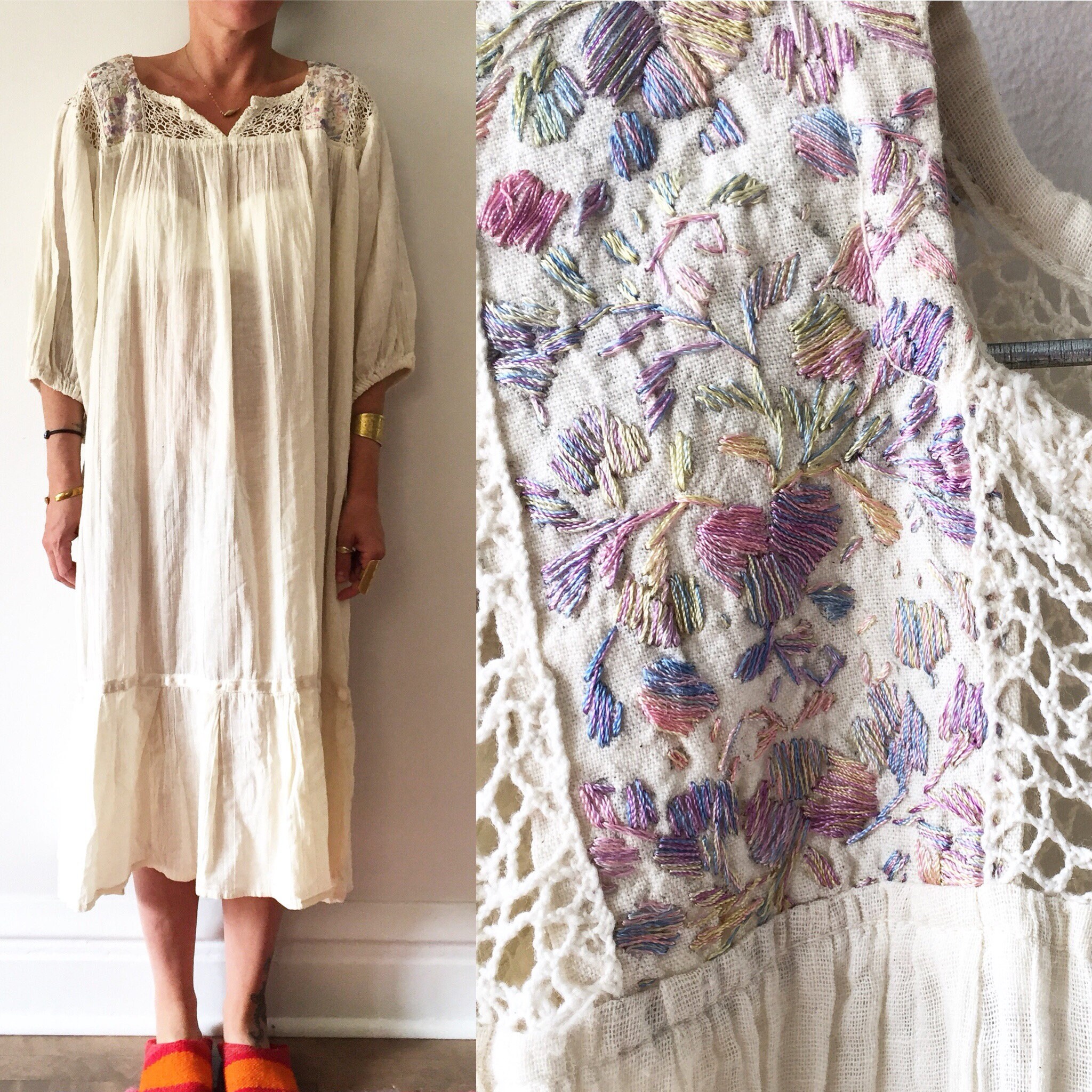 Vintage Mexican Gauze Dress, Ethnic Lace Dress , Balloon Sleeve Dress