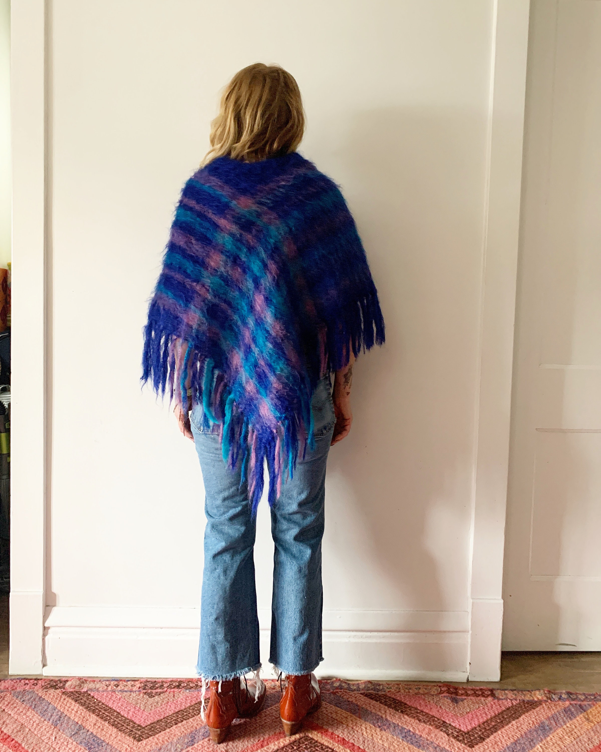 Vintage Mohair Poncho , Fuzzy Plaid Poncho