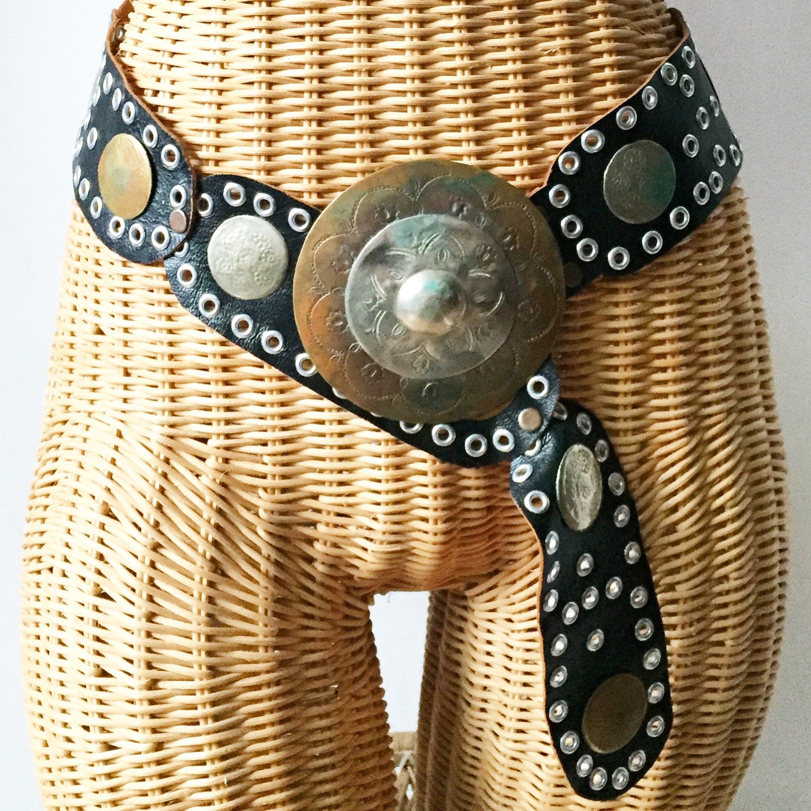 Vintage Moroccan Leather and Metal Belt , Oversize BOHO Belt