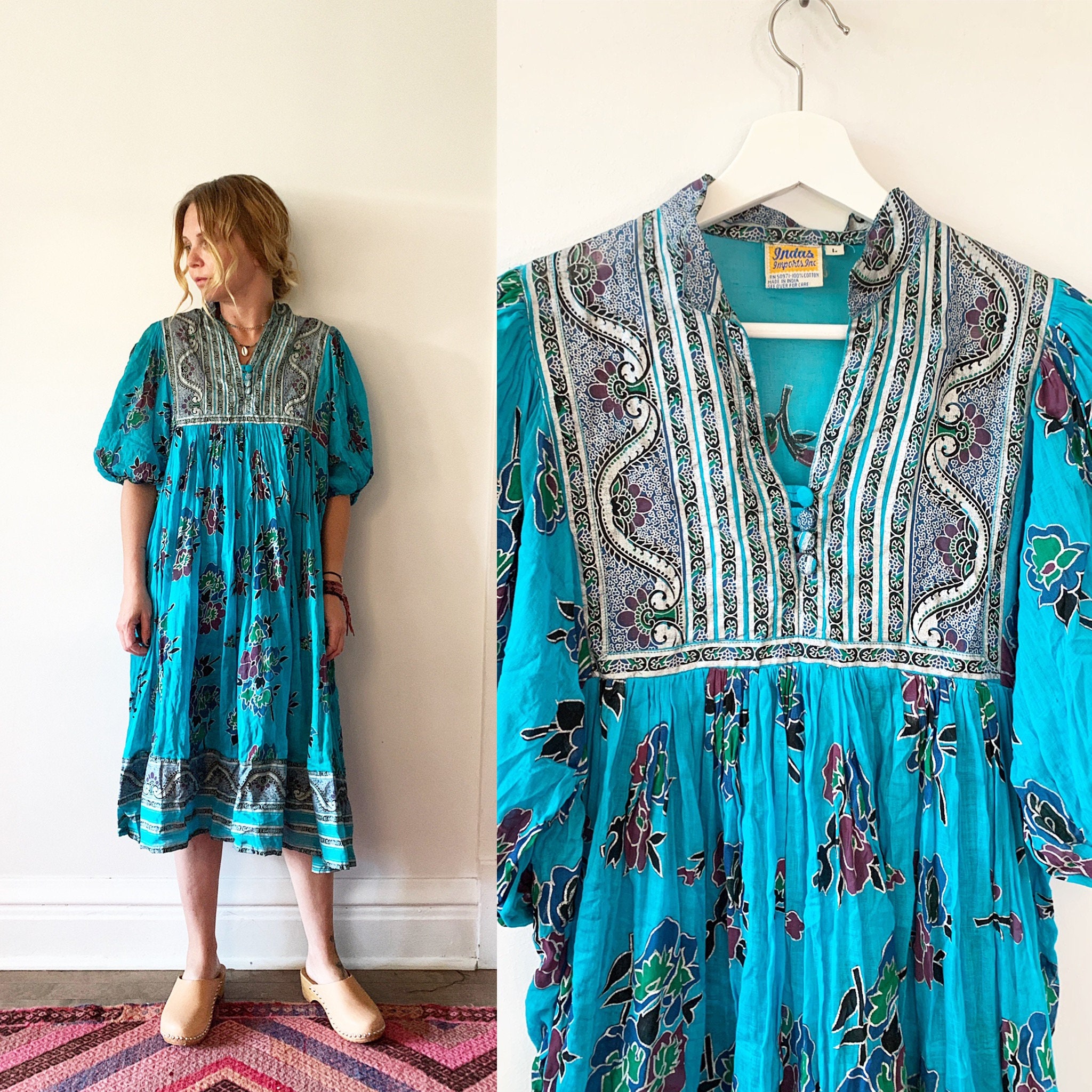 Vintage 70s Cotton Gauze Dress , BOHO Hippie India Dress , Indus Dress