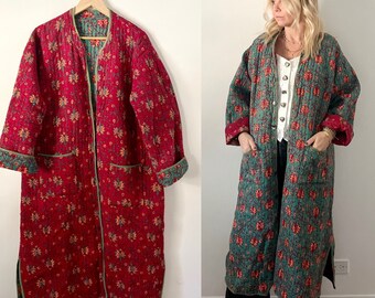 Vintage Rare Reversible Indian Quilted Coat , Indian Floral Padded Long Jacket , Indian Quilted Block Print Duster, Double Sided India Coat