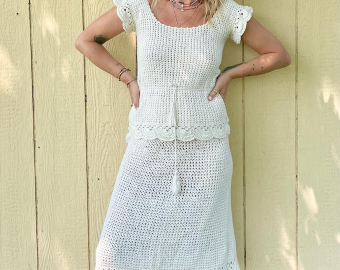 Vintage Cotton Crochet Skirt and Top Set , Vintage Crochet Cream Set , DEADSTOCK Crochet Suit