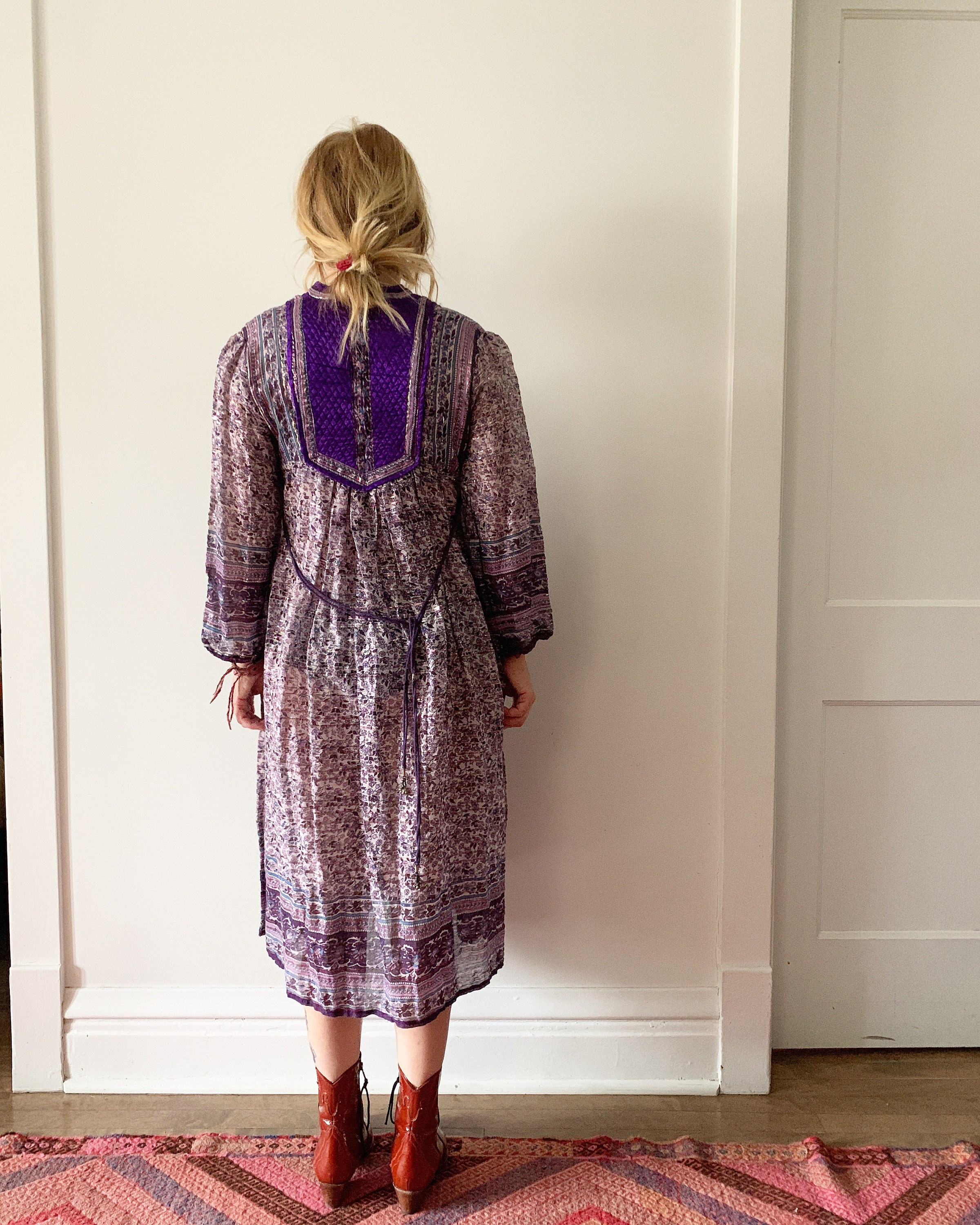 Vintage India Cotton Gauze Dress , Indian Cotton Kaftan , Lurex Gauze