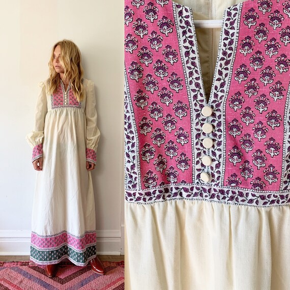 Vintage 70s Block Maxi Dress , White Prairie Style