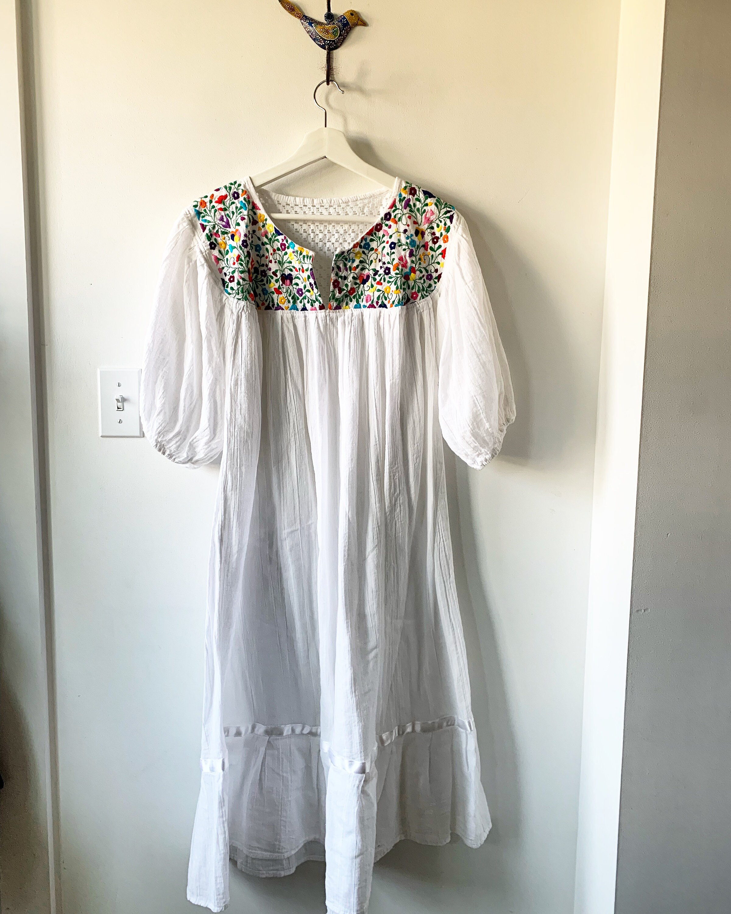 Vintage Mexican Gauze Dress, Ethnic Lace Dress , Balloon Sleeve Dress