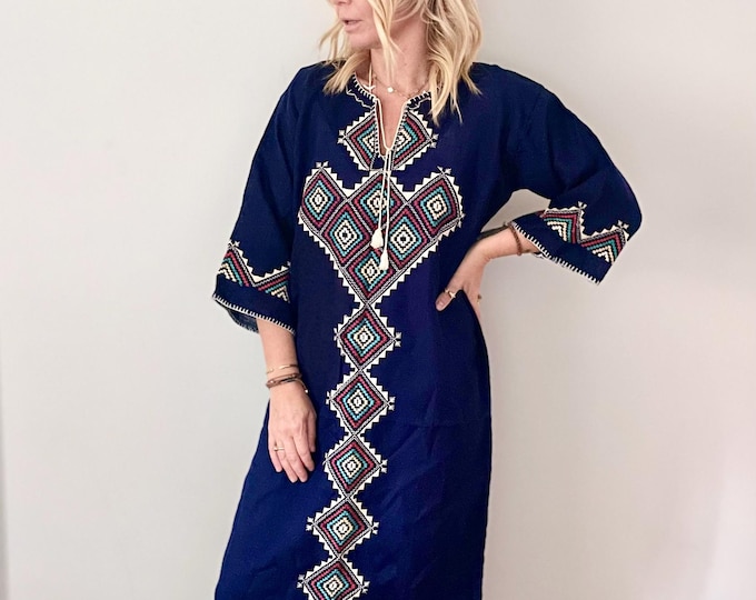 Vintage Embroidered Ethnic Caftan , Ethnic Maxi Dress , Hand Loomed Kaftan , Hand Embroidered Kaftan , Navy Blue Kaftan