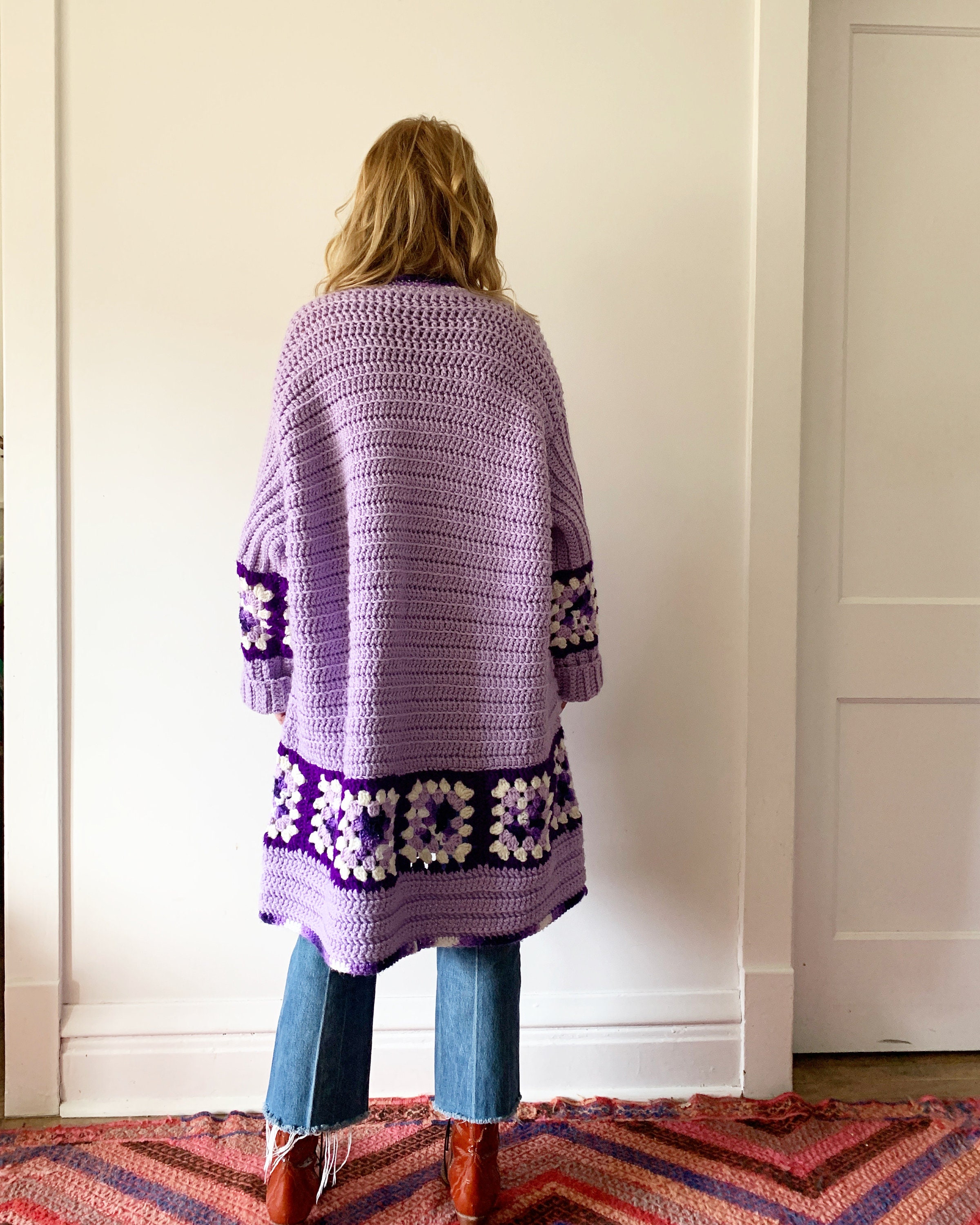 Vintage Afghan Crochet Cardigan , Granny Square Oversize Hippie Sweater