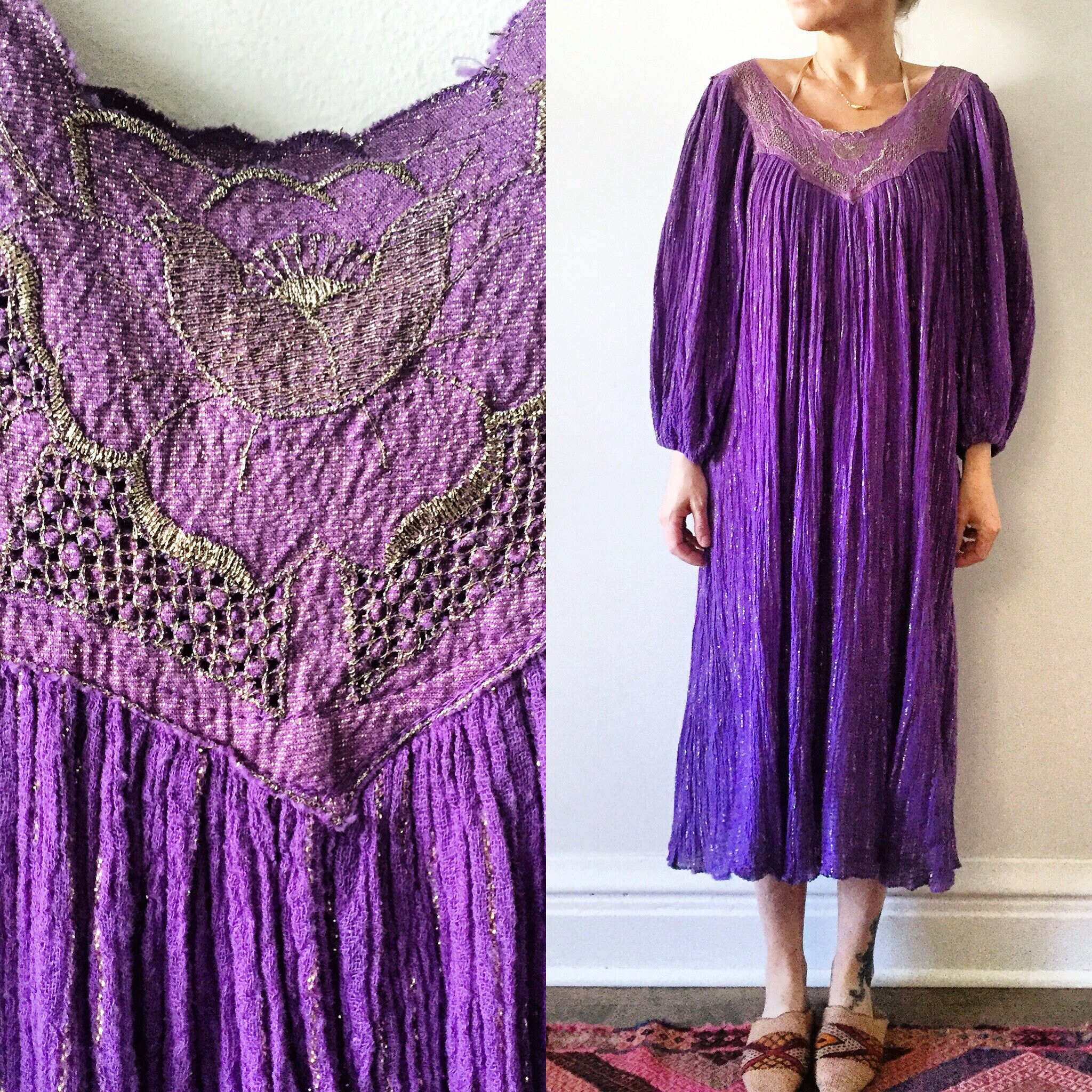 Vintage 70s India Cotton Gauze Dress , Metallic Gauze Dress , Indian