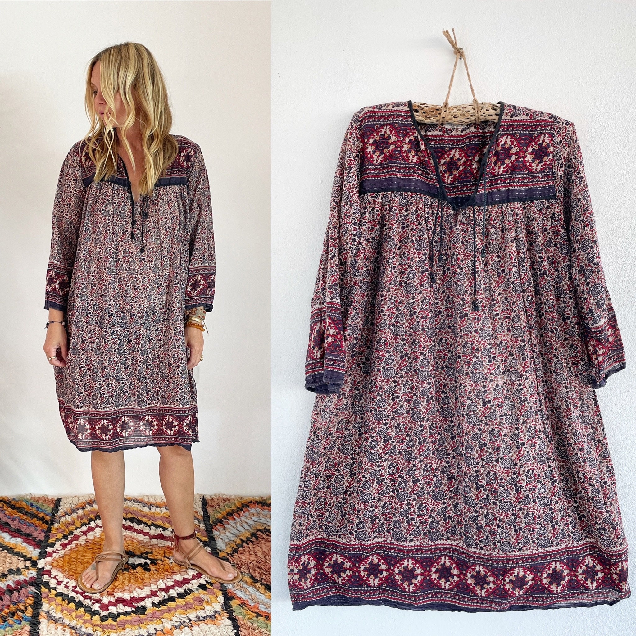 Vintage India Cotton Gauze Dress , Indian Cotton Kaftan , Lurex Gauze