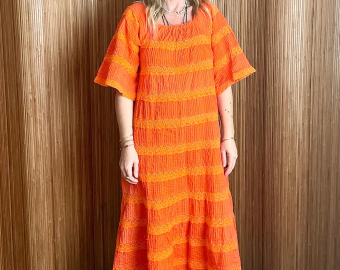 Vintage Mexican Orange Cotton Laced Dress - Bohemian Southwestern Crochet Maxi