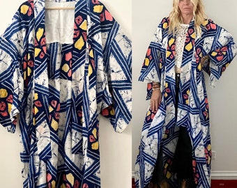 Vintage Japanese Shibori Kimono , Maxi Kimono , Floral Kimono , Printed Silk Kimono