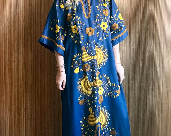 Vintage 60s Ethnic Mexican Embroidered Kaftan dress - Boho Folk Art Peacock Maxi Caftan
