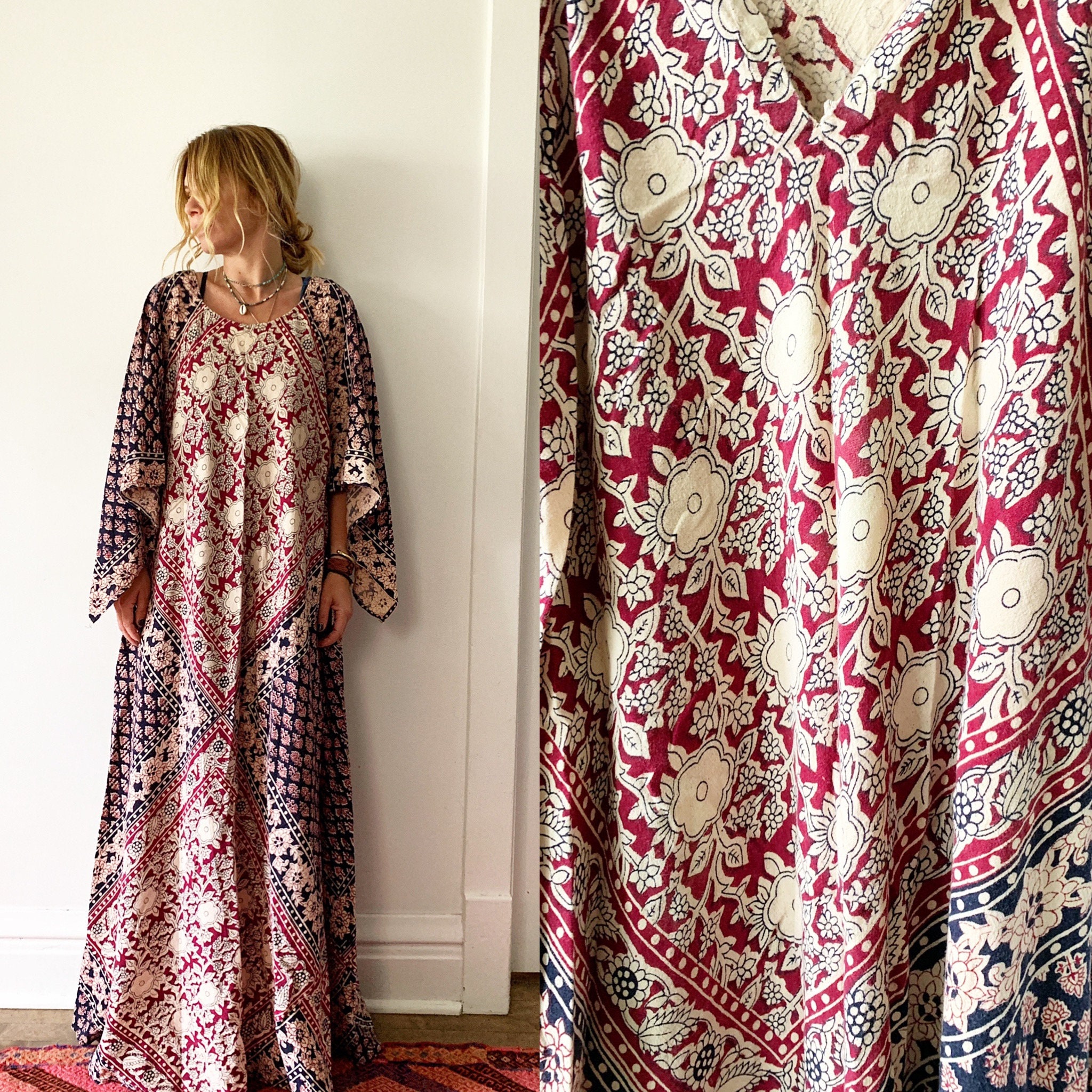 Vintage 70s Block Print Caftan , India Kaftan , Block
