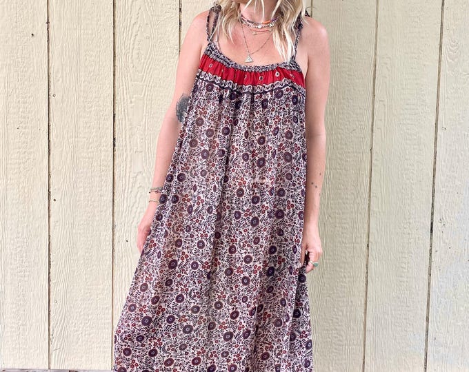 Vintage Indian Cotton Gauze  Dress , Block Print Summer Dress , Strappy India Dress
