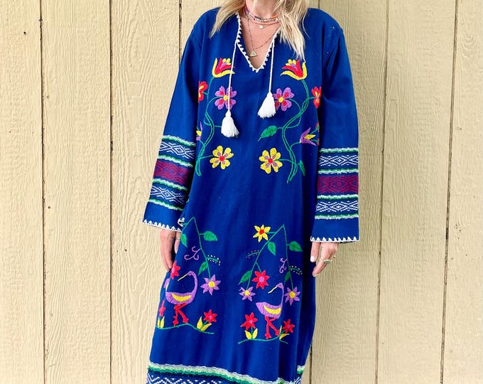 Vintage Embroidered Ethnic Caftan , Ethnic Maxi Dress , Hand Loomed Kaftan , Woven Embroidered Maxi