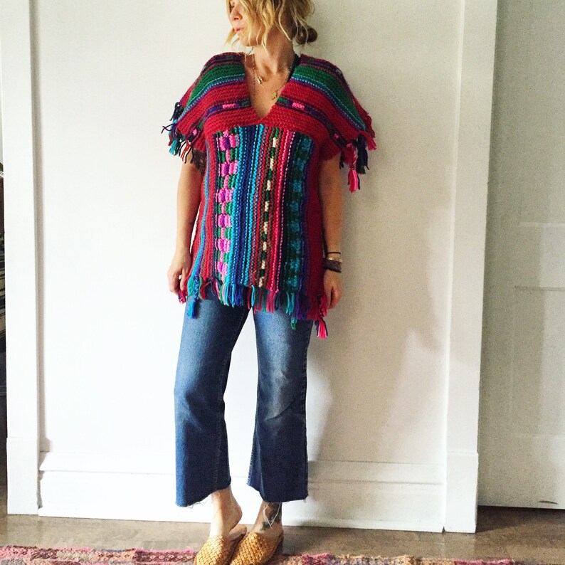 Fringed Sweater Vintage 70s Chunky Knit Colorful Sweater Tunic