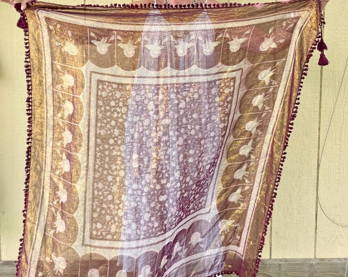 Vintage Blockprint Indian Cotton Scarf , Oversize Ethnic Wrap , Peacock Print Oversized Scarf , Tasseled Scarf , Brown and Gold Wrap