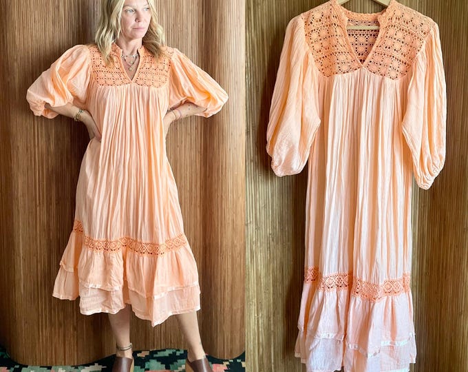 Vintage 70s Mexican Cotton Gauze Dress, Peach Crochet Lace Boho Midi
