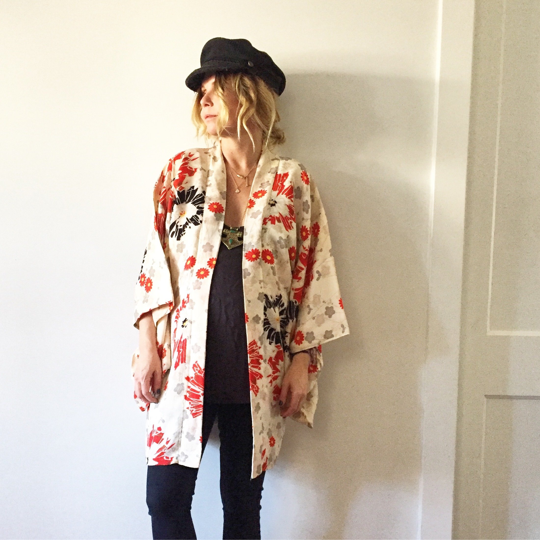 Vintage Silk Japanese Floral Kimono, Printed Silk Kimono , Layering Jacket