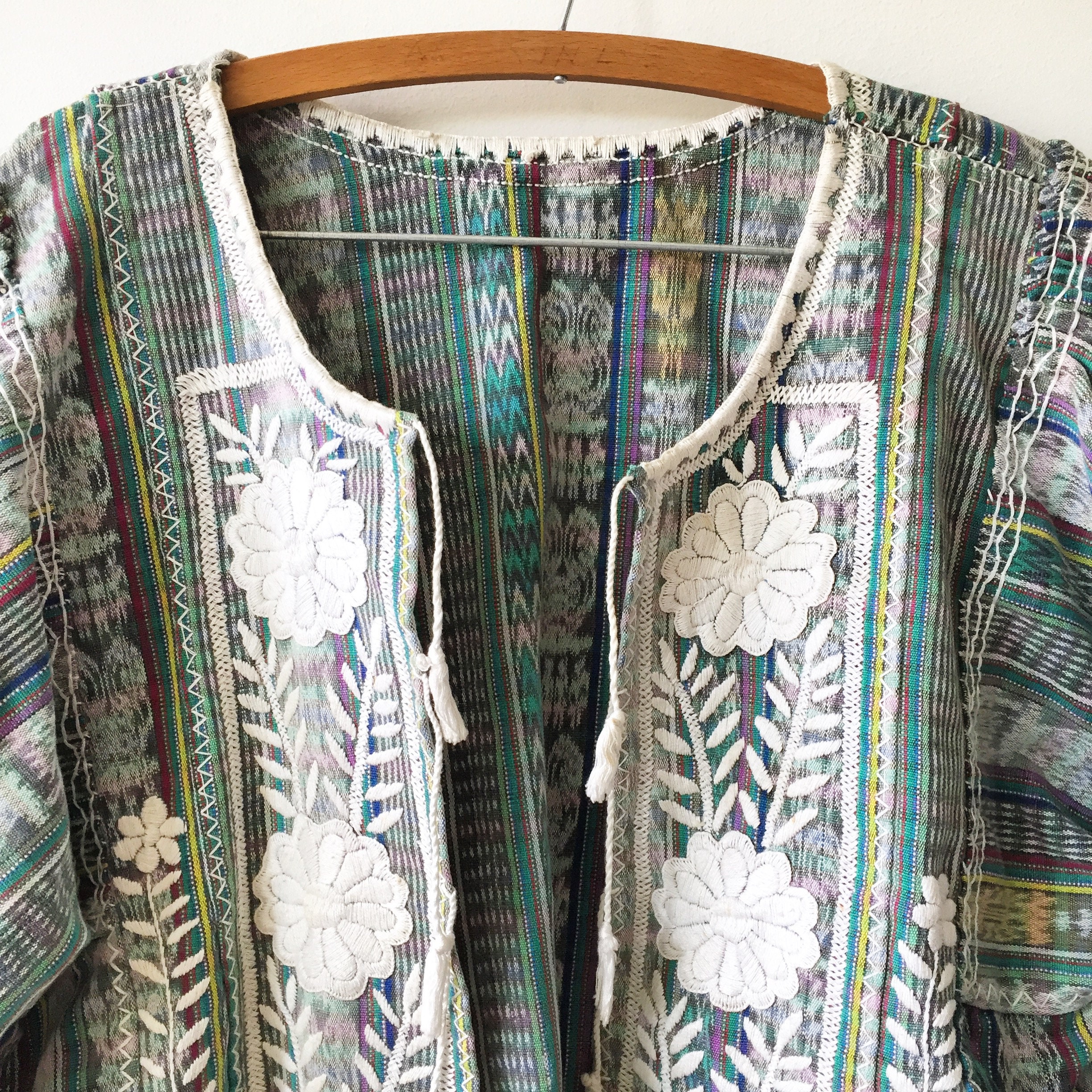 Vintage Mexican Embroidered Ikat Jacket , Puebla Tassed Jacket