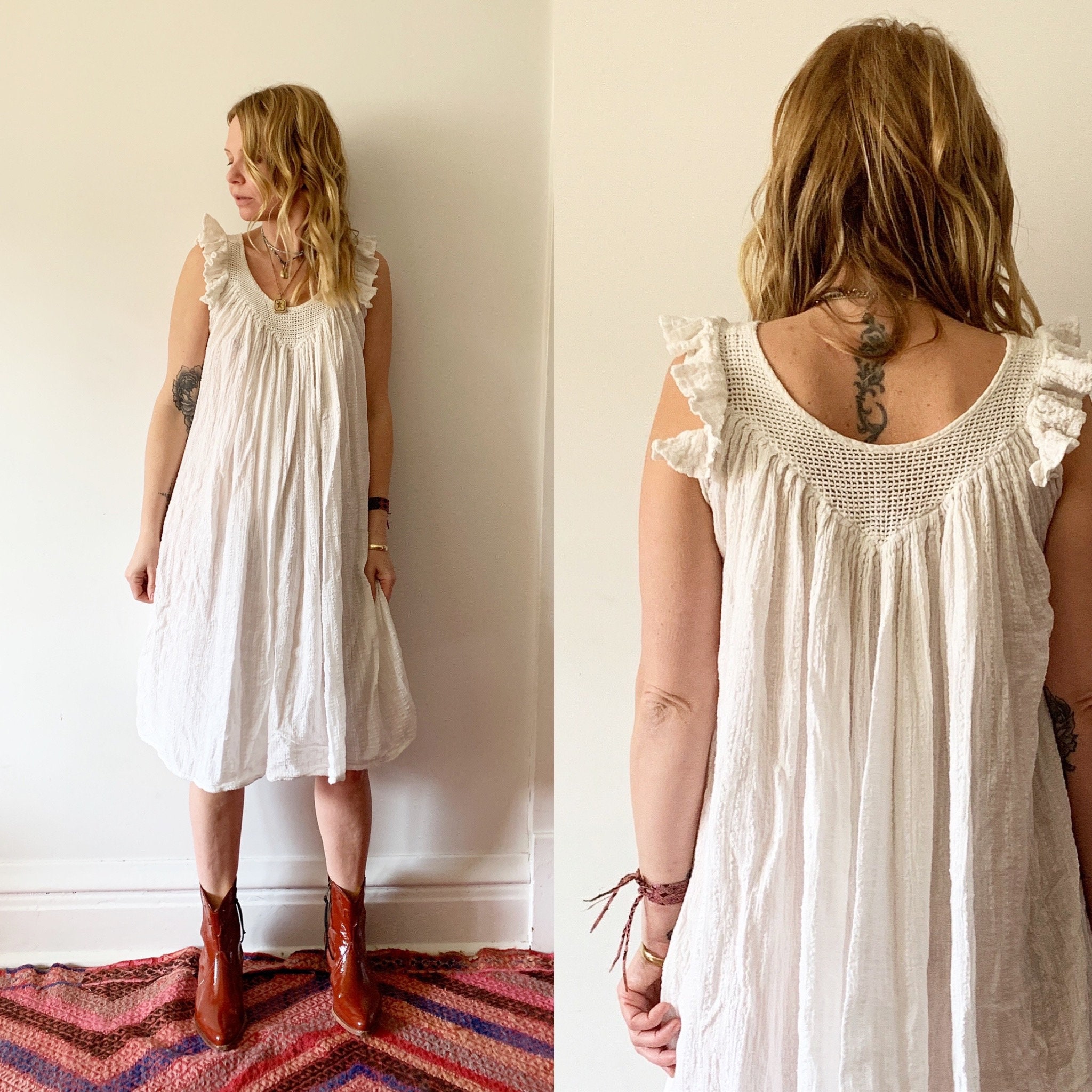Vintage White Cotton Gauze Dress , White Boho Crochet Dress , Gauze