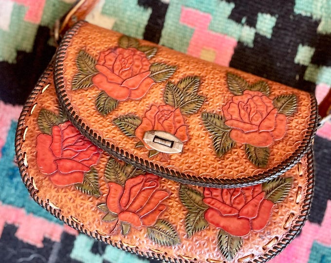 VTG Mexican Tooled Leather Bag - Rare Rose Embossed Bohemian Shoulder Bag